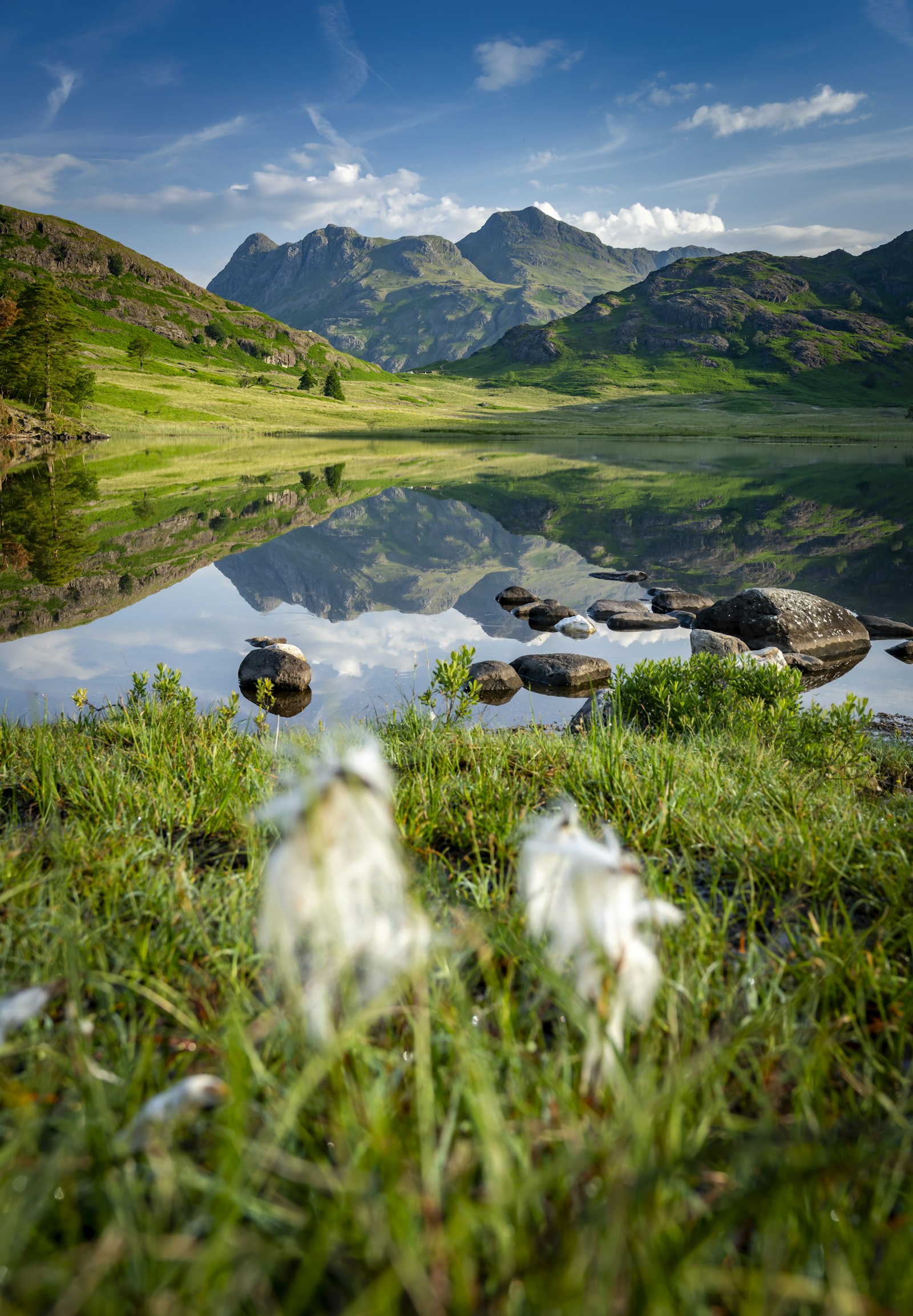 Mountain peaks reflected in a calm alpine lake